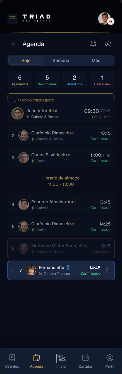 Agenda do TRIAD Pro Barber com atendimentos e seus status