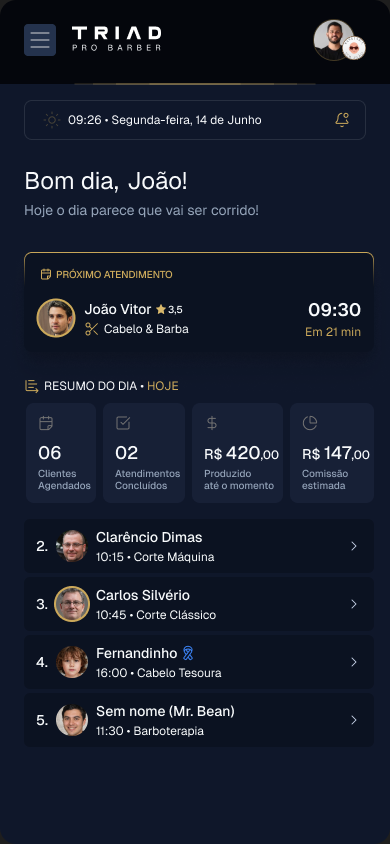 Início do TRIAD Pro Barber com próximo atendimento, resumo do dia e agenda