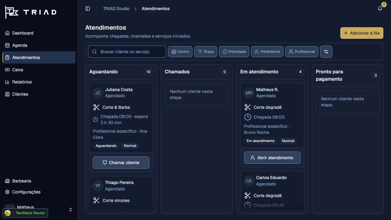 Gestão de atendimentos do TRIAD Studio